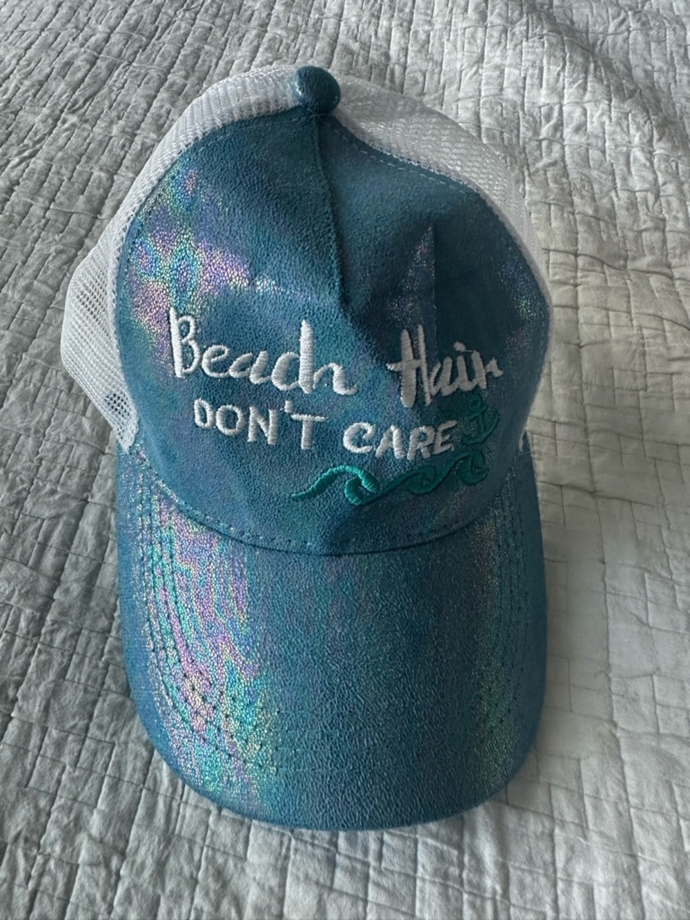 Iridescent Teal 'Beach Hair Don't Care' Mesh Trucker Hat